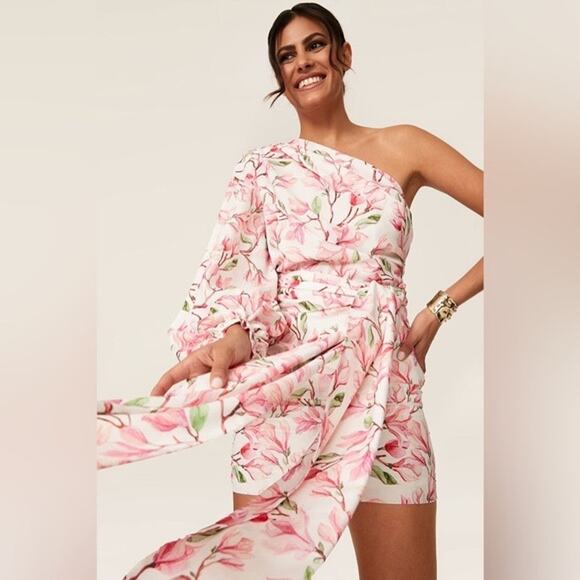 BRONX AND BANCO Layla Floral Pink White One Shoulder Silk Bow Mini Dress Size S - Picture 5 of 14